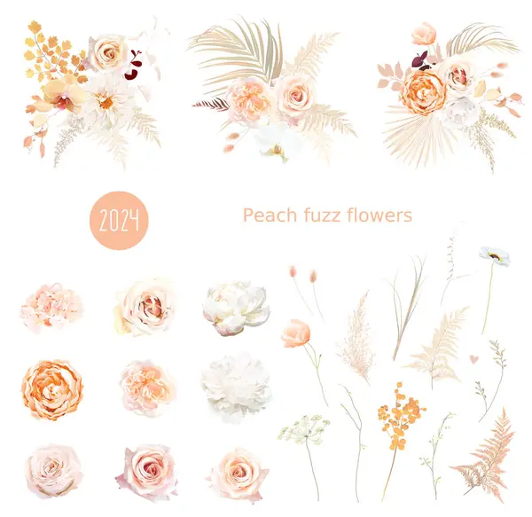 stock vector Flower and dried plants vector design big set. Wedding watercolor flowers. White peony, peachy roses, dried palm leaves, orchid, hydrangea, lagarus, blush rose. Elements are isolated and editable