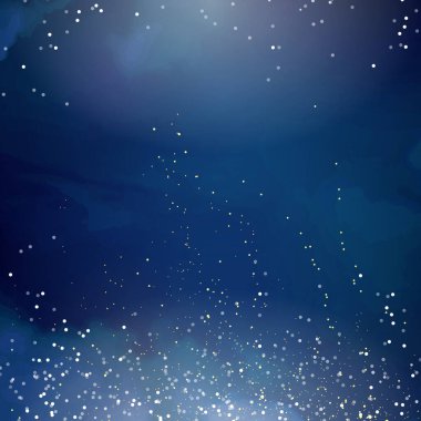 Işıl ışıl parıldayan parlak sanat eserleriyle sihirli, koyu mavi bir çerçeve. Kare vektör düğün kartı. Altın konfeti ve donanma geçmişi. Altın dağınık Noel tozu. Peri masalı sihirli yıldız şablonu