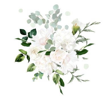 Beyaz şakayık, manolya, zambak ve gül çiçekleri, nane okaliptüsü, eğrelti otu, salal, yeşil vektör tasarımı düğün bahar buketi. Çiçekli yaz suluboya. Elementler izole ve düzenlenebilir.