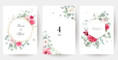 Gümüş rengi adaçayı yeşili ve son moda barbekü pembesi çiçek vektör çerçeveleri. Gül, beyaz şakayık, orkide, ortanca, mantar, okaliptüs, yeşillik. Çiçekli düğün çelengi. Suluboya. İzole ve düzenlenebilir