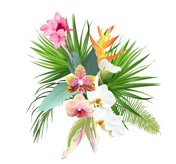 Pink canna flower, white and striped orchid, calla lily, yellow bird of paradise, tropical leaves design vector bouquet. Exotic jungle plants. Wedding arrangement. Elements are isolated and editable