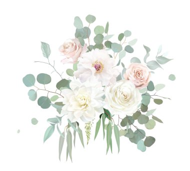 Açık pembe ve tozlu bej gül, beyaz yıldız çiçeği, şakayık, naneli okaliptüs, yeşil vektör desenli çiçek buketi. Klasik düğün adaçayı, allık ve bej rengi çiçekler. Tüm elementler izole ve düzenlenebilir.