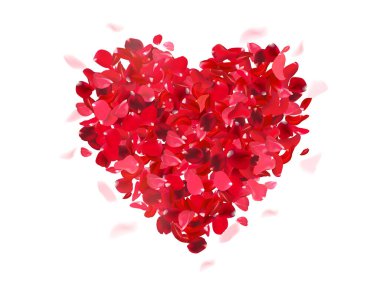 Kalp, kırmızı gül yapraklarından beyaz romantik vektör kartına yerleştirilmiş. Kalp düğünü tasarımı. Aşk çelengi. Moda arkaplanı. Sevgililer Günü şablonu. Tüm elementler izole edildi