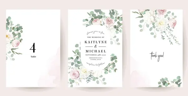 银鼠草绿色和红粉色花矢量设计框架 尘土飞扬的玫瑰 白色的康乃馨 婚礼花环 水彩画孤立和可编辑的 图库矢量图片