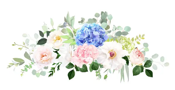 Blue, pink, green hydrangea flowers, white peony, salal, emerald greenery and eucalyptus wedding vector bouquet. Floral pastel watercolor. Blooming garden rose. Elements are isolated and editable