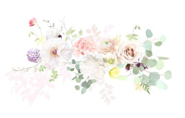 Beyaz şakayık, çıplak pembe gül, mor sümbül, hellebores, pembe ortanca, ranunculus, okaliptüs vektör desenli Paskalya buketi. Bahar düğünü yeşilliği ve çiçekler. Elementler izole ve düzenlenebilir.