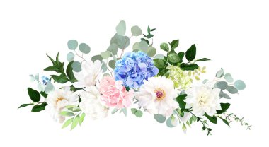 Mavi, pembe, yeşil ortanca çiçekleri, beyaz şakayık, salal, zümrüt yeşili ve okaliptüs düğün vektörü buketi. Çiçekli pastel suluboya. Çiçek açan bahçe çiçekleri. Elementler izole ve düzenlenebilir.