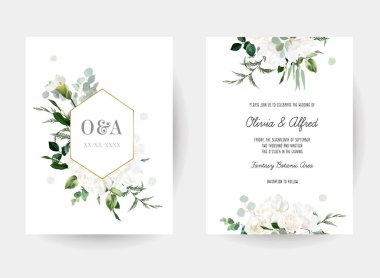 Çiçek okaliptüs seçim vektör çerçeveleri. El boyası dallar, beyaz çiçekler, beyaz arka planda yapraklar. Yeşillik düğün davetiyeleri. Suluboya kartları. Elementler izole ve düzenlenebilir.