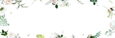 Açık pembe gül, allık renginde ranunculus, beyaz şakayık, hellebores, zümrüt yeşili vektör tasarım afiş çerçevesi. Düğün mevsimlik çiçek kartı. Çiçekli suluboya kompozisyonu. İzole ve düzenlenebilir