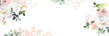 Açık pembe gül, beyaz şakayık, ortanca, allık, okaliptüs, yeşillik, eğreltiotu tasarım iskeleti. Düğün mevsimlik çiçek kartı. Çiçekli suluboya pankart. İzole ve düzenlenebilir