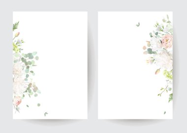 Açık pembe gül, beyaz şakayık, manolya, allık ranunculus, okaliptüs, yeşillik, eğreltiotu tasarım çerçeveleri. Düğün mevsimlik çiçek kartları. Çiçekli suluboya pankartlar. İzole ve düzenlenebilir