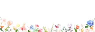 Yapraklı ve çiçekli yaz bahçesi afişi. Bahar laleleri, ortanca, gül, sümbül, kır çiçekleri ve bitkiler. Botanik çerçeve tasarımı. Vektör kartı. Tüm elementler izole ve düzenlenebilir..