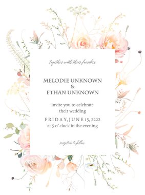 Bitkiler, dallar ve gül çiçekleri vektör çerçevesi. El boyaması dallar, beyaz arka planda yapraklar. Yeşillik düğünü basit minimalist davetiye. Suluboya tarzı kart. Elementler izole ve düzenlenebilir.