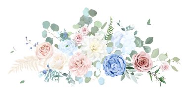 Tozlu mavi gül, beyaz ortanca, ranunculus, yıldız çiçeği, kamelya, okaliptüs, yeşillik, ardıç vektör demeti. Düğün mevsimlik çiçekleri. Çiçekli suluboya kompozisyon. İzole ve düzenlenebilir