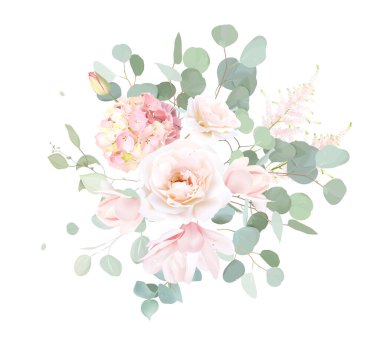 Açık pembe ve tozlu bej gül, ortanca, manolya, nane okaliptüs, yeşil vektör desenli çiçek buketi. Klasik düğün adaçayı, beyaz, allık ve bej çiçekleri. Tüm elementler izole ve düzenlenebilir.
