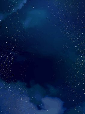 Işıl ışıl parıldayan parlak sanat eserleriyle sihirli, koyu mavi bir çerçeve. Kare vektör düğün kartı. Altın konfeti ve donanma geçmişi. Altın dağınık gök tozu. Peri masalı sihirli yıldız şablonu