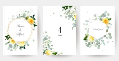 Sarı gül, şakayık, beyaz leylak, lale, manolya, bahar bahçesi çiçekleri, nane okaliptüsü, yeşillik, eğreltiotu, vektör tasarımı çerçeveleri. Düğün için buket davetiye. Elementler izole ve düzenlenebilir.