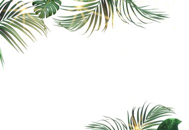 Tropik çiçekler ve vektör tasarım kartı. Güneş ışığı, günbatımı palmiye yaprakları, zümrüt canavarı, orman palmiye yaprakları çerçevesi. Egzotik ada düğün davetiyesi. Elementler izole ve düzenlenebilir.
