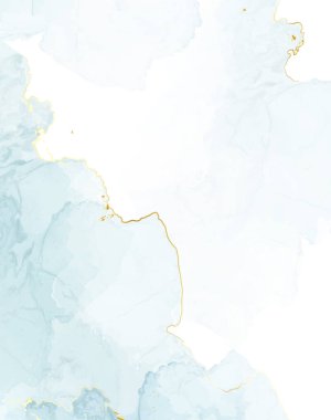 Açık mavi suluboya sıvı vektör boyama kartı. Tozlu mavi ve altın renkli jeot çerçevesi. Kış düğün davetiyesi. Kar, buz ya da duvak dokusu. Boyama stili. Alkol mürekkebi. İzole ve düzenlenebilir