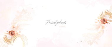 Çiçek ve kurumuş bitkiler vektör tasarımı çerçevesi. Düğün suluboya çiçekleri. Beyaz orkide, kahverengi pembe gül, otlar, kurutulmuş palmiye yaprakları, suluboya doku kartı. Tüm elementler izole ve düzenlenebilir.