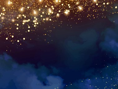 Işıl ışıl parıldayan parlak sanat eserleriyle sihirli, koyu mavi bir çerçeve. Kare vektör düğün kartı. Altın konfeti ve donanma geçmişi. Altın dağınık Noel tozu. Peri masalı sihirli yıldız şablonu