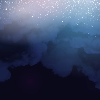 Işıl ışıl parıldayan parlak sanat eserleriyle sihirli, koyu mavi bir çerçeve. Kare vektör düğün kartı. Kar konfetisi ve donanma geçmişi. Beyaz dağınık gök tozu. Peri masalı sihirli yıldız şablonu