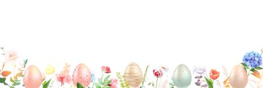 Bahar Paskalya Bahçesi yapraklı ve çiçekli yeşillik afişi. Bahar laleleri, ortanca, gül, sümbül, kır çiçekleri ve bitkiler. Paskalya Yumurtası Dekoru. Vektör kartı. Tüm elementler izole ve düzenlenebilir..