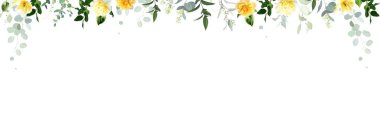 Sarı gül, şakayık, beyaz leylak, lale, manolya, bahar bahçesi çiçekleri, nane okaliptüsü, yeşillik, eğreltiotu, vektör tasarım afişi. Düğün buket davetiyesi. Elementler izole ve düzenlenebilir.