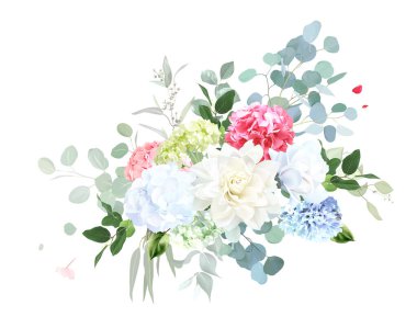 Tozlu mavi sümbül, bej yıldız çiçeği, beyaz manolya, kırmızı ve yeşil ortanca, yeşil okaliptüs vektör demeti. Düğün mevsimlik çiçekleri. Çiçekli suluboya kompozisyon. İzole ve düzenlenebilir