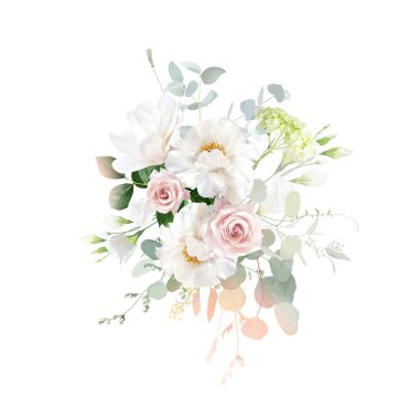 Klasik pembe gül, beyaz şakayık, allık pembe ranunculus, okaliptüs, adaçayı yeşili vektör tasarımı düğün bahar buketi. Yatay pankart. Çiçekli yaz suluboya. Elementler izole ve düzenlenebilir.