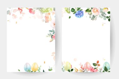 Bahar Paskalya Bahçesi yapraklı ve çiçekli yeşillik afişi. Bahar laleleri, ortanca, gül, sümbül, kır çiçekleri ve bitkiler. Paskalya Yumurtası Dekoru. Vektör kartı. Tüm elementler izole ve düzenlenebilir..
