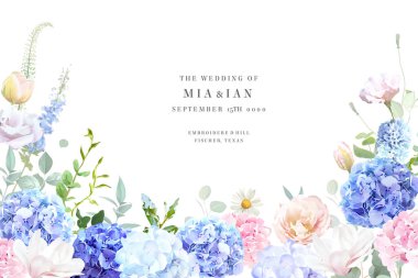 Bridgerton Pastel Çiçek Vektör Tasarımı 'na ilham verdi. Mavi dezenyum, ortanca, beyaz manolya, laleler, gül, sümbül, yeşillik ve bitki kartı. Tüm çiçekler ve dallar soyutlanmış ve taşınabilir.