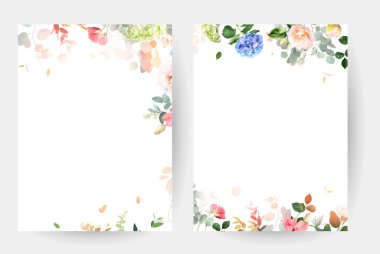 Yapraklı ve çiçekli yaz bahçesi afişi. Bahar laleleri, ortanca, gül, sümbül, kır çiçekleri ve bitkiler. Botanik çerçeve tasarımı. Vektör kartı. Tüm elementler izole ve düzenlenebilir..