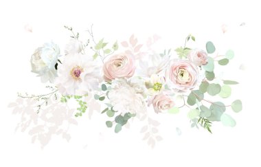 Pembe ranunculus, beyaz şakayık, kızarık pembe gül, manolya, yeşil cehennem kuşları, okaliptüs, adaçayı yeşili vektör desenli bahar buketi. Çiçekli yaz suluboya. Elementler izole ve düzenlenebilir.