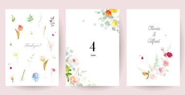Minimalist bahar vektör çiçek tasarım kartları. Parlak çiçekli ve yeşillikli renkli düğün davetiyeleri. Laleler, güller, orkide, tarih, şakayık, karanfil, uçan taç yaprakları ve yapraklar. İzole edilmiş.