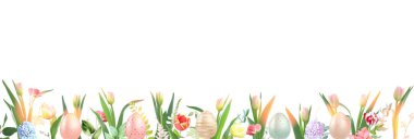 Bahar Paskalya Bahçesi yapraklı ve çiçekli yeşillik afişi. Bahar laleleri, ortanca, gül, sümbül, kır çiçekleri ve bitkiler. Paskalya Yumurtası Dekoru. Vektör kartı. Tüm elementler izole ve düzenlenebilir..