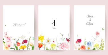 Parlak yay vektör çiçek tasarım kartları. Parlak çiçekli ve yeşillikli renkli düğün davetiyeleri. Laleler, nergis, güller, orkide, hiacynth, şakayık, karanfil, uçan taç yaprakları ve yapraklar. İzole edilmiş