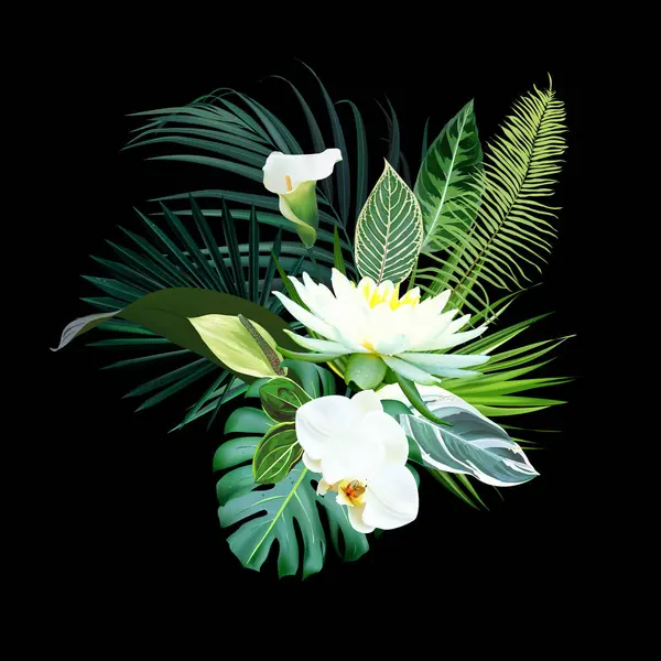 Beyaz nilüfer çiçeği tropikal vektör tasarımı. Beyaz orkide, şarbon, zambak, palmiye ve canavar yeşili yapraklar. Tropik düğün çiçekleri. Ada egzotik yeşilliği. Tüm elementler izole ve düzenlenebilir.