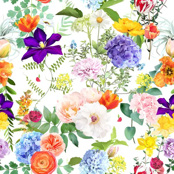 Yaprakları ve çiçekleri olan yaz bahçesi çiçek deseni. Bahar laleleri, ortanca, ranunculus, sümbül, nergis ve bitkiler. Botanik desen tasarımı. Kusursuz vektör renkli desen. Beyaz arkaplanda