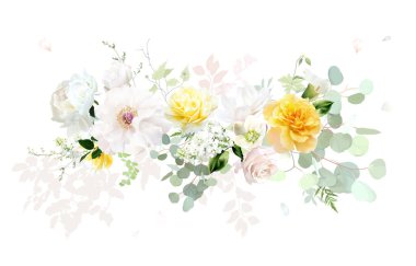Sarı gül, lale, beyaz şakayık, manolya, yeşil helezon, beyaz leylak, okaliptüs, adaçayı yeşili vektör desenli bahar buketi. Çiçekli yaz suluboya. Elementler izole ve düzenlenebilir.