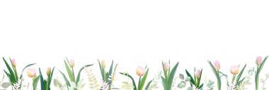 Pembe laleler ve kır çiçekleri vektör tasarım çerçevesi. El boyası dallar, çiçekler, beyaz arka planda yapraklar. Yeşillik düğün davetiyesi. Suluboya kart. Elementler izole ve düzenlenebilir.