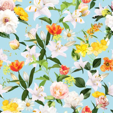 Yaprakları ve çiçekleri olan yaz bahçesi çiçek deseni. Bahar laleleri, zambak, gül, ranunculus, sarı nergis ve bitkiler. Botanik desen tasarımı. Kusursuz vektör renkli desen. Deniz mavisi arkaplanı