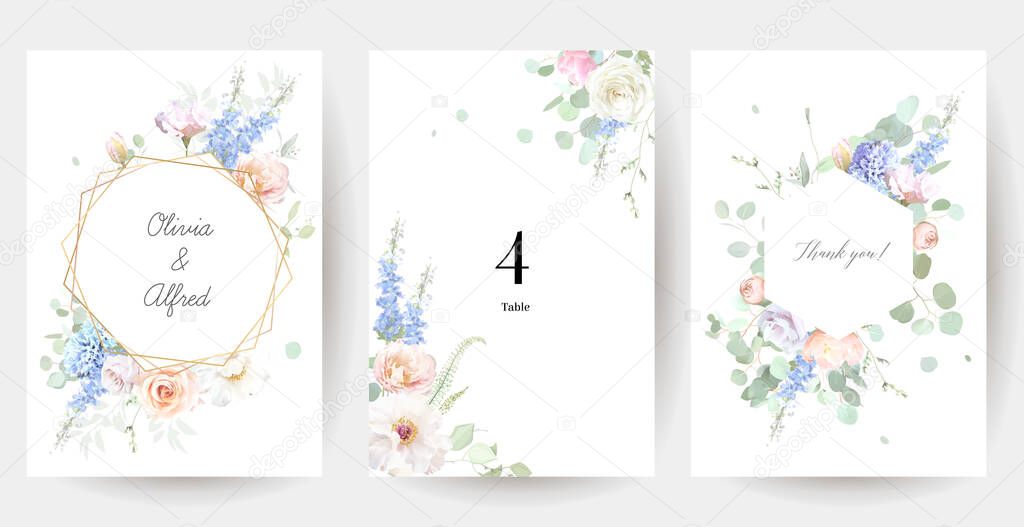 Bridgerton inspired pastel floral vector design frames. Blue delphinium, white peony, coral rose, magnolia, hyacinth, hydrangea, greenery and plants. All flowers and branches are isolated and movable.