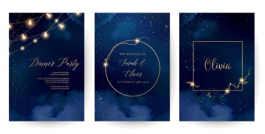 Işıl ışıl parıldayan parlak sanat eserleri olan koyu mavi çerçeveler. Kare vektör düğün kartları. Altın konfeti ve donanma geçmişi. Altın dağınık Noel tozu. Peri masalı sihirli yıldız şablonu