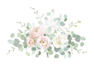 Klasik pembe gül, beyaz manolya, kızarık pembe ranunculus, okaliptüs, adaçayı yeşili vektör tasarımı düğün bahar buketi. Yatay pankart. Çiçek rengi suluboya. Elementler izole ve düzenlenebilir.