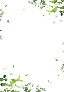 Bitkisel minimalist vektör bayrağı. El boyaması bitkiler, dallar, beyaz arka planda yapraklar. Yeşillik düğünü basit bir şablon. Suluboya kart. Tüm elementler izole ve düzenlenebilir.