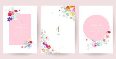 Parlak yay vektör çiçek tasarım kartları. Parlak çiçekli ve yeşillikli renkli düğün davetiyeleri. Laleler, güller, orkide, klematis, hiacynth, şakayık, karanfil, uçan taç yaprakları ve yapraklar. İzole edilmiş