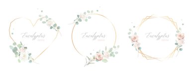 Çiçek okaliptüs ve altın vektör çerçeveleri. El boyaması dallar, beyaz arka planda yapraklar. Yeşillik düğünü basit minimalist davetiyeler. Suluboya kartları. Tüm elementler izole ve düzenlenebilir.