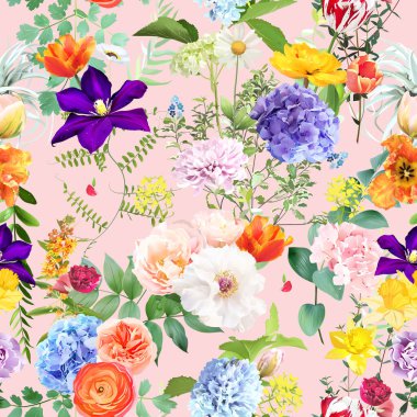 Yaprakları ve çiçekleri olan yaz bahçesi çiçek deseni. Bahar laleleri, ortanca, ranunculus, sümbül, nergis ve bitkiler. Botanik desen tasarımı. Kusursuz vektör renkli desen. Pembe arka planda