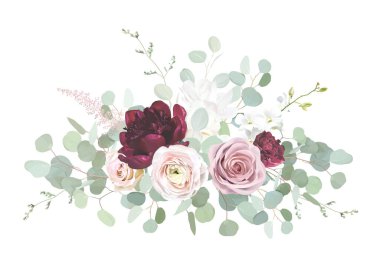 Blush pink rose, burgundy red peony, ranunculus, ivory white magnolia flowers vector design bouquet. Wedding floral and greenery. Mint, pink, silver, sage tones. Elements are isolated and editable